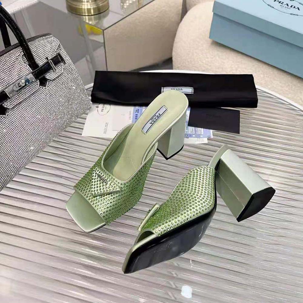 Prada Women High-heeled Satin Slides with Crystals-Auqa - image 6