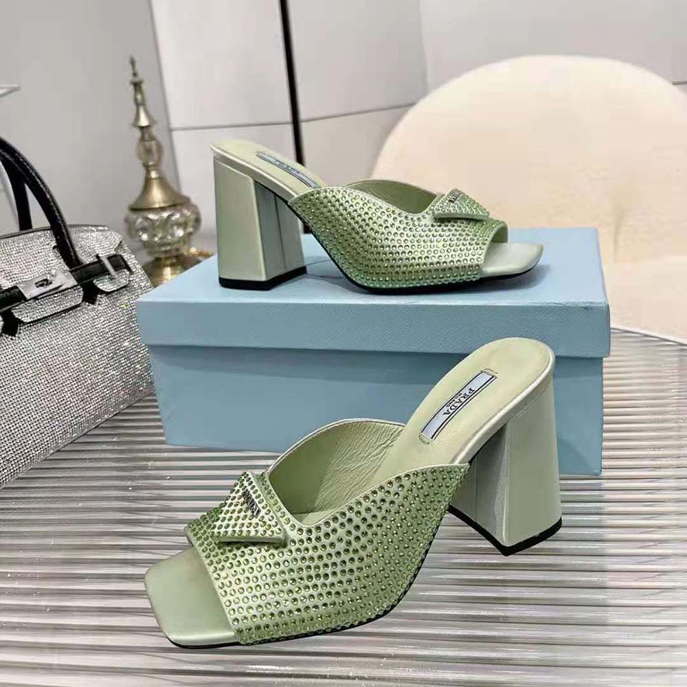 Prada Women High-heeled Satin Slides with Crystals-Auqa - image 5