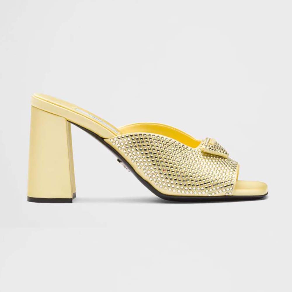 Side view of Prada Women High-Heeled Satin Slides with Crystals-Yellow