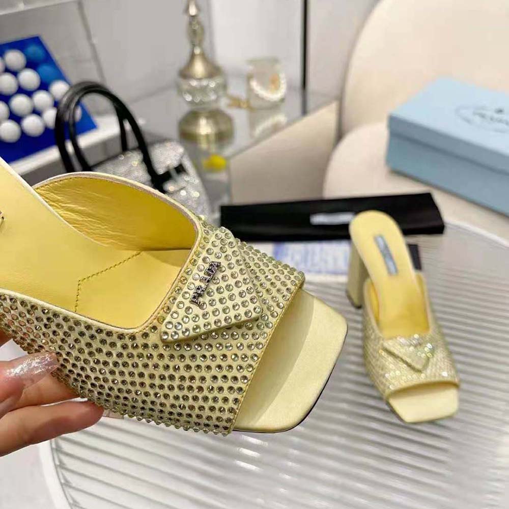 Prada Women High-Heeled Satin Slides with Crystals-Yellow - image 8
