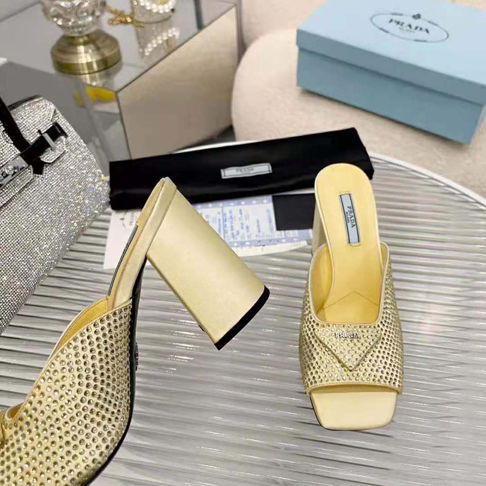 Prada Women High-Heeled Satin Slides with Crystals-Yellow - image 7