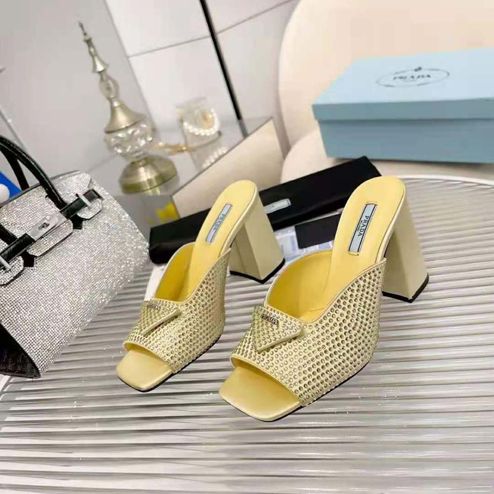 Prada Women High-Heeled Satin Slides with Crystals-Yellow - image 4