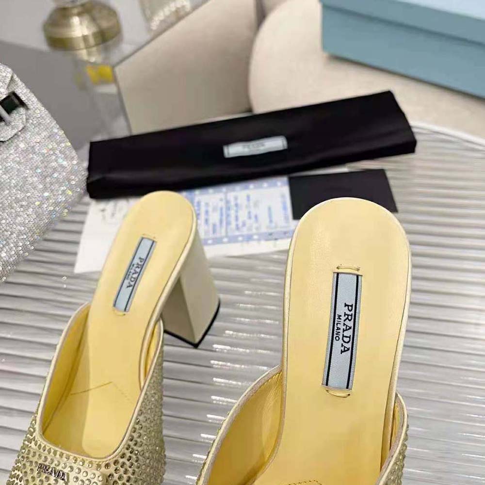 Prada Women High-Heeled Satin Slides with Crystals-Yellow - image 6