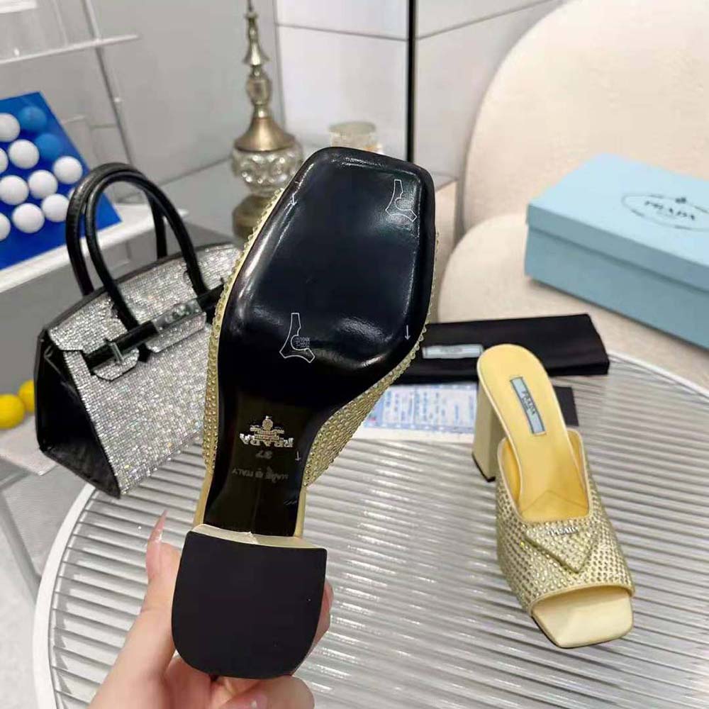 Prada Women High-Heeled Satin Slides with Crystals-Yellow - image 9