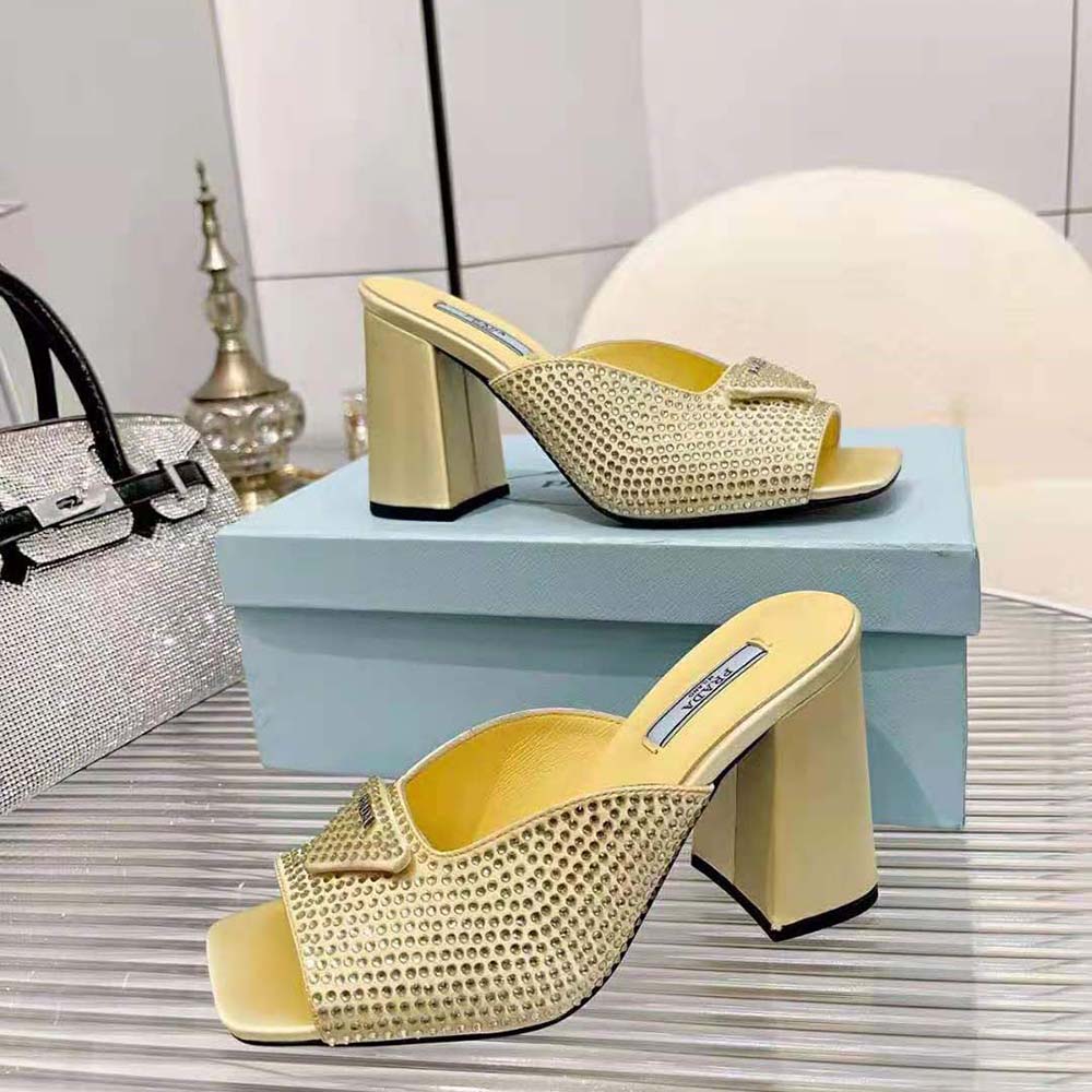 Prada Women High-Heeled Satin Slides with Crystals-Yellow - image 5