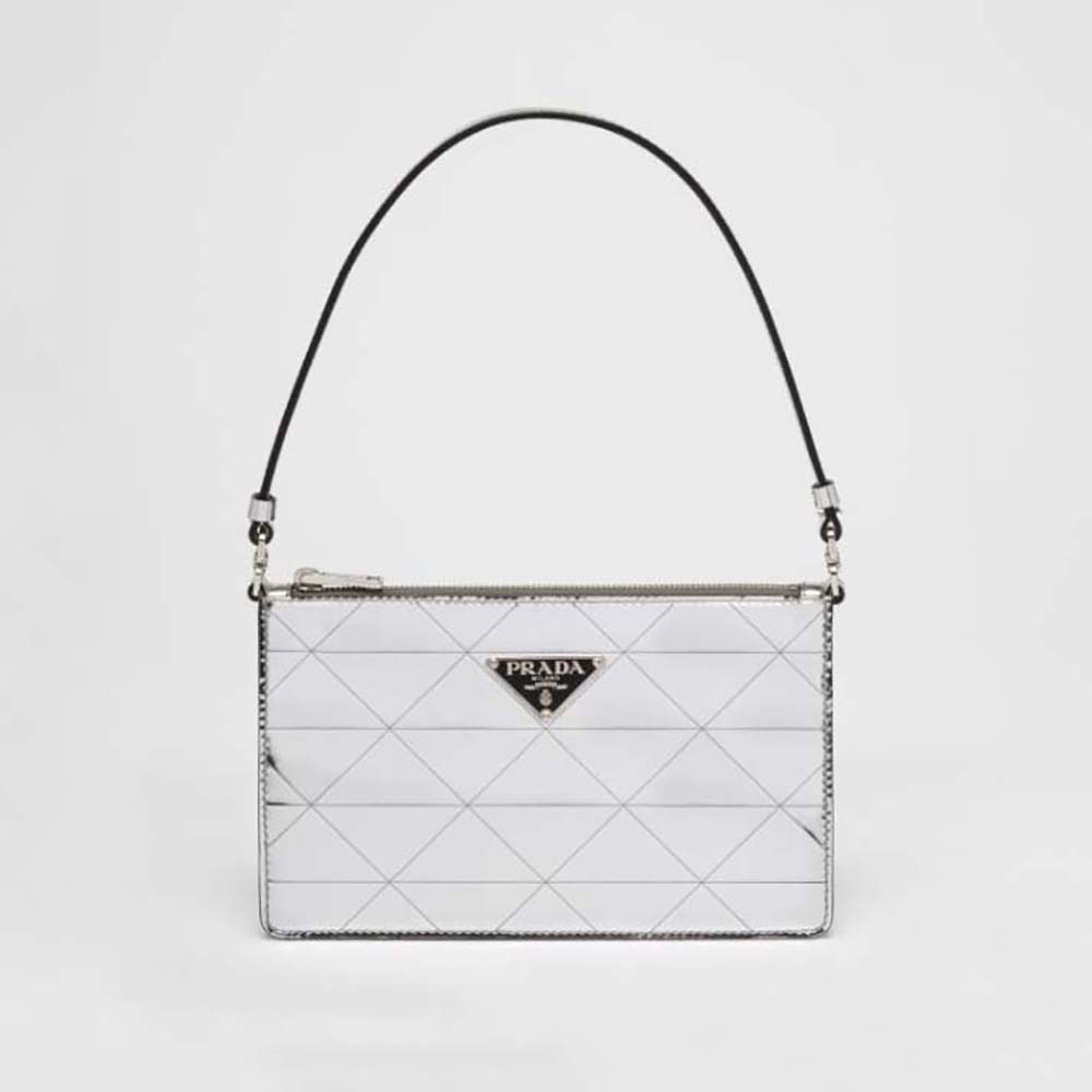 Front view of Prada Women Metallic Leather Mini-Bag-Silver showing shiny surface