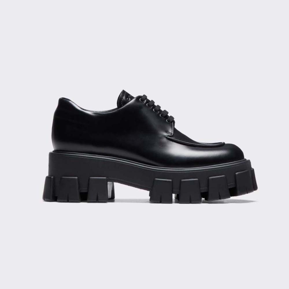 Side view of Prada Women Monolith Brushed Leather Lace-up Shoes-Black