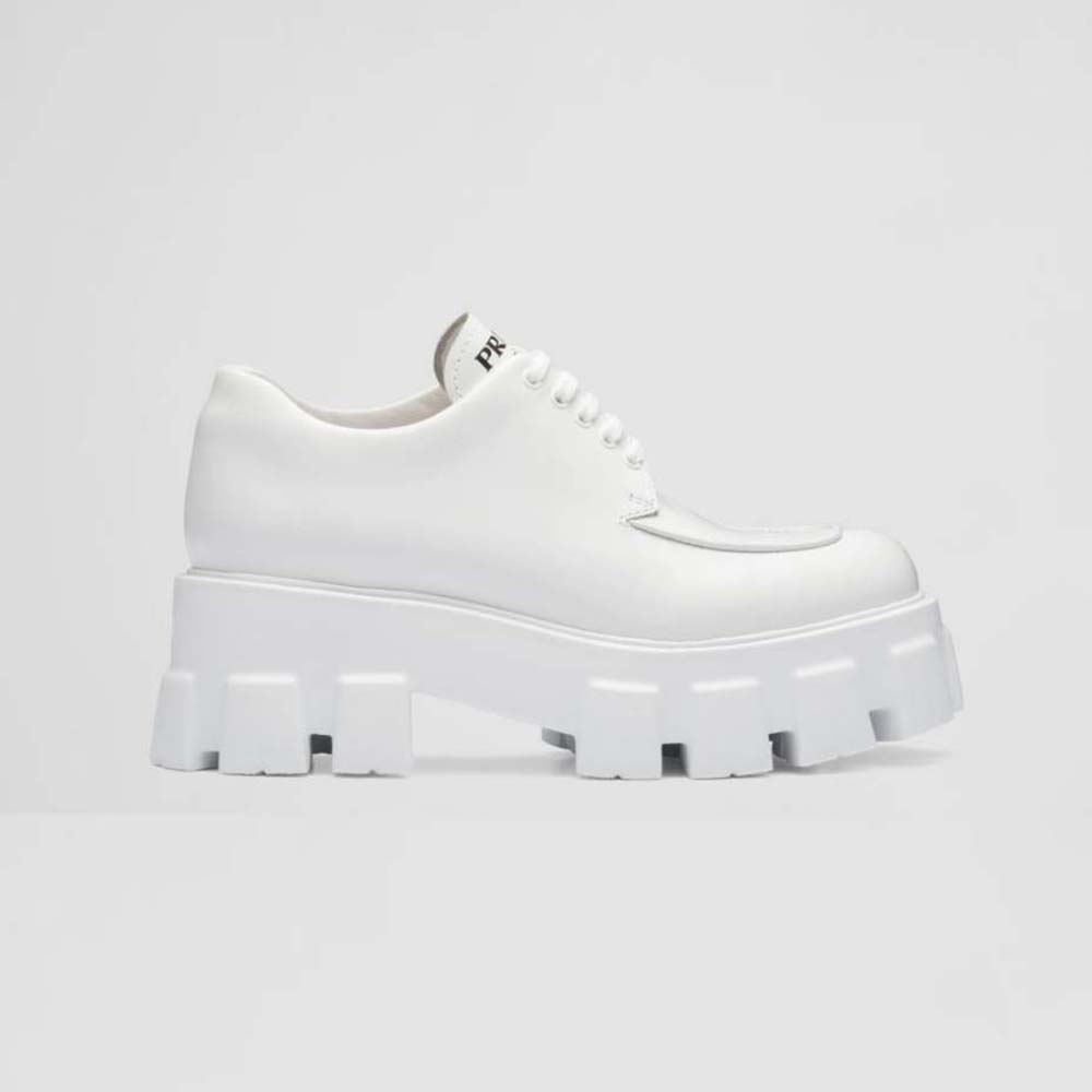 Side view of Prada Women Monolith Brushed Leather Lace-up Shoes-White