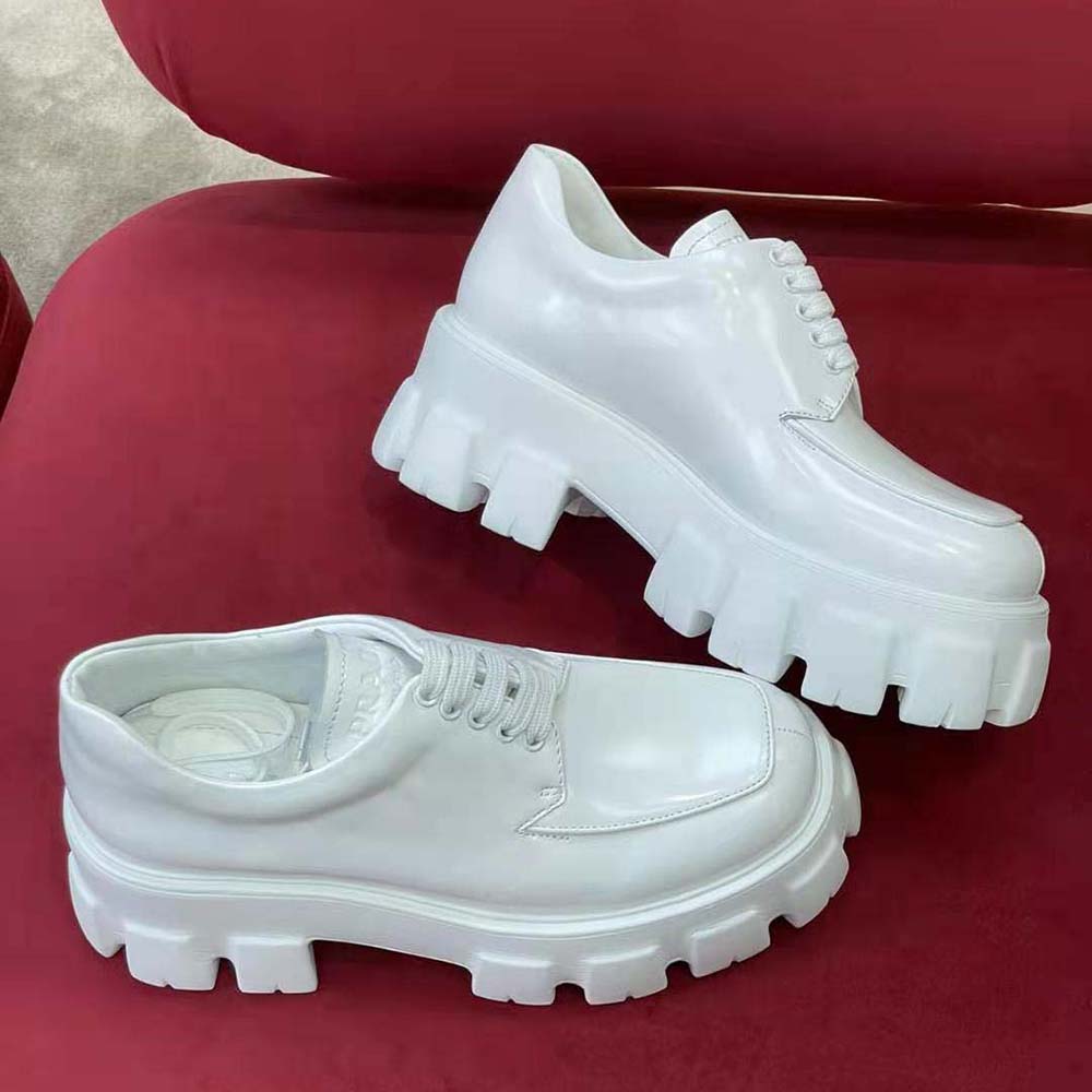 Prada Women Monolith Brushed Leather Lace-up Shoes-White - image 4