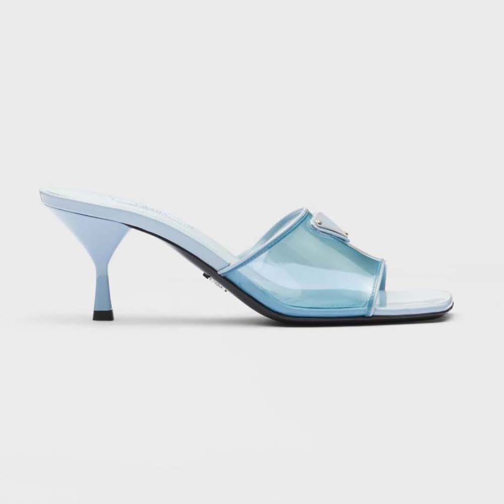 Side view of Prada Women Plexiglas and Patent Leather Sandals 65 mm Varnished Heel-Blue