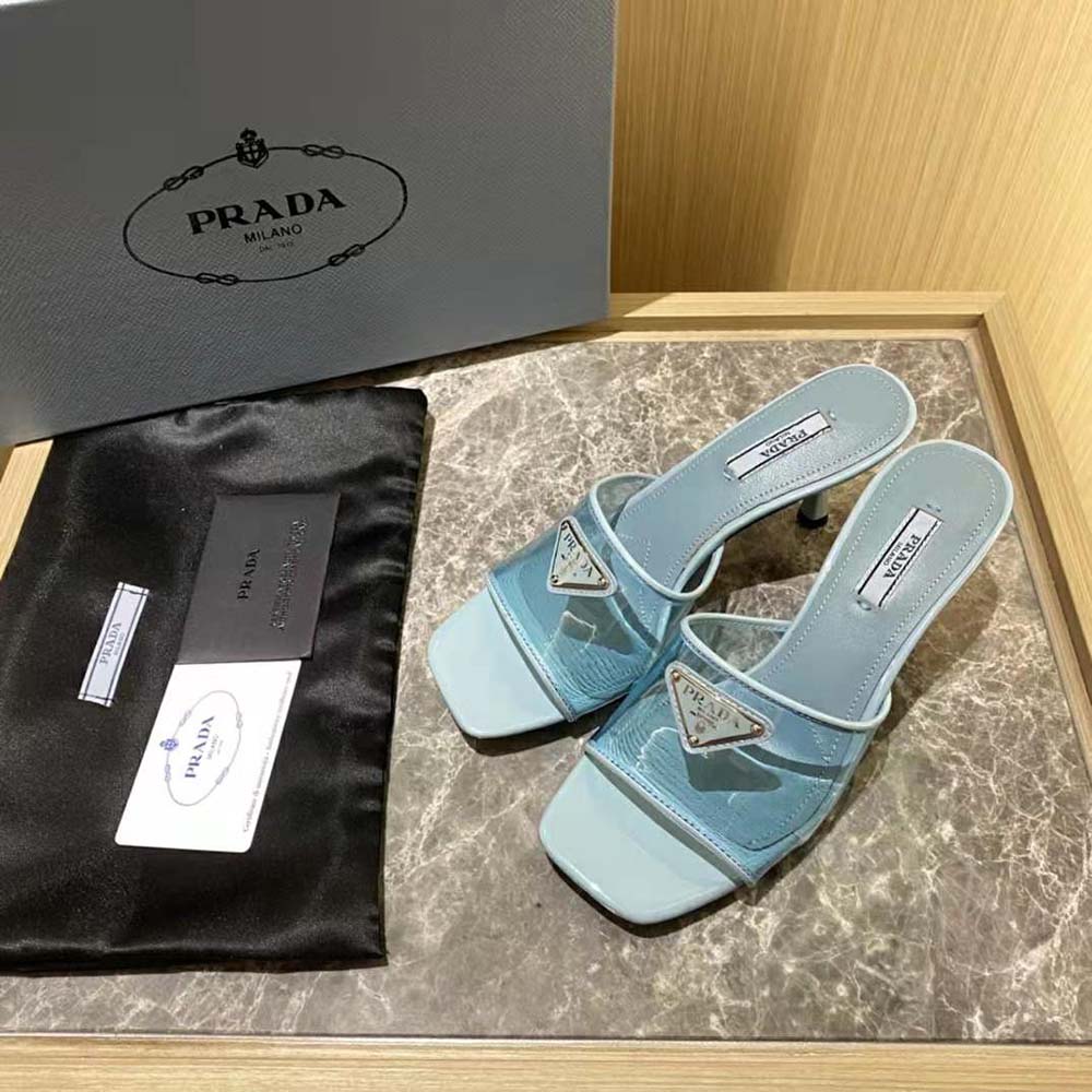 Overhead shot of Prada Women Plexiglas and Patent Leather Sandals with varnished heel