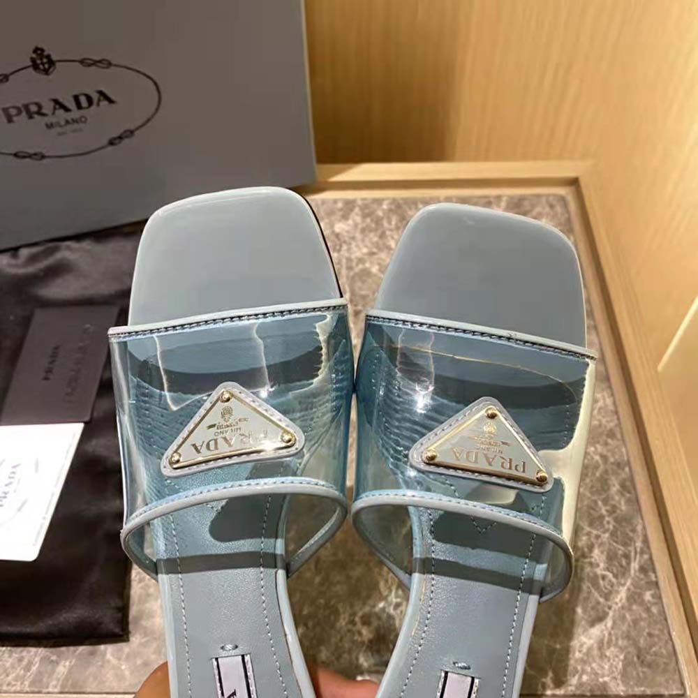 Prada Women Plexiglas and Patent Leather Sandals 65 mm Varnished Heel-Blue - image 6