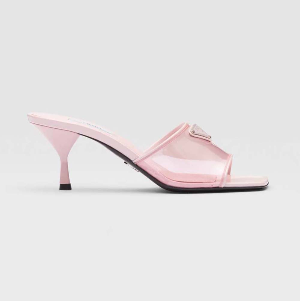 Front angle of Prada Women Plexiglas and Patent Leather Sandals 65 mm pink heel