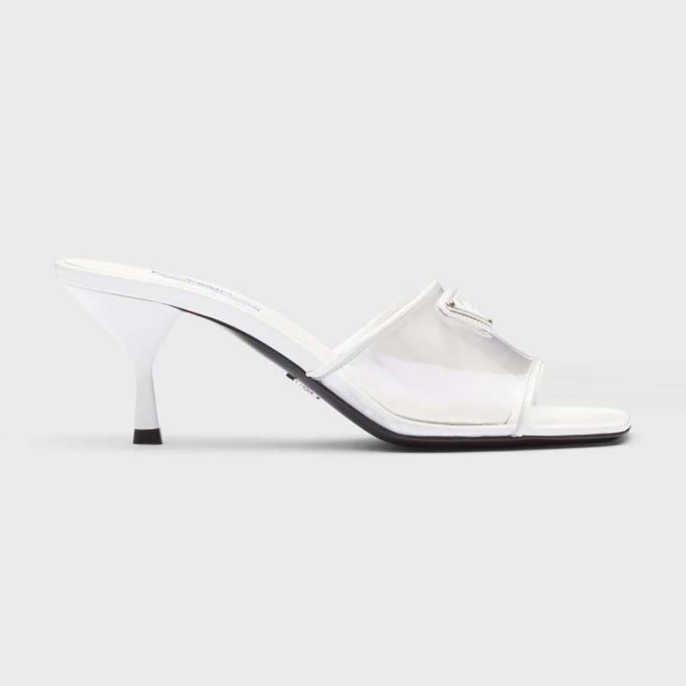 Side view of Prada Women Plexiglas and Patent Leather Sandals 65 mm Varnished Heel-White