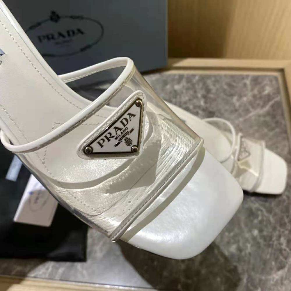 Prada Women Plexiglas and Patent Leather Sandals 65 mm Varnished Heel-White - image 5