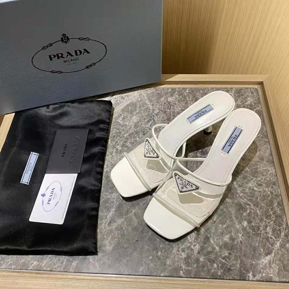 Rear angle showing varnished block heel on Prada Women Plexiglas and Patent Leather Sandals