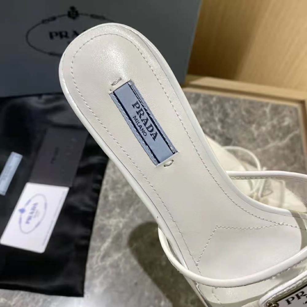 Prada Women Plexiglas and Patent Leather Sandals 65 mm Varnished Heel-White - image 8