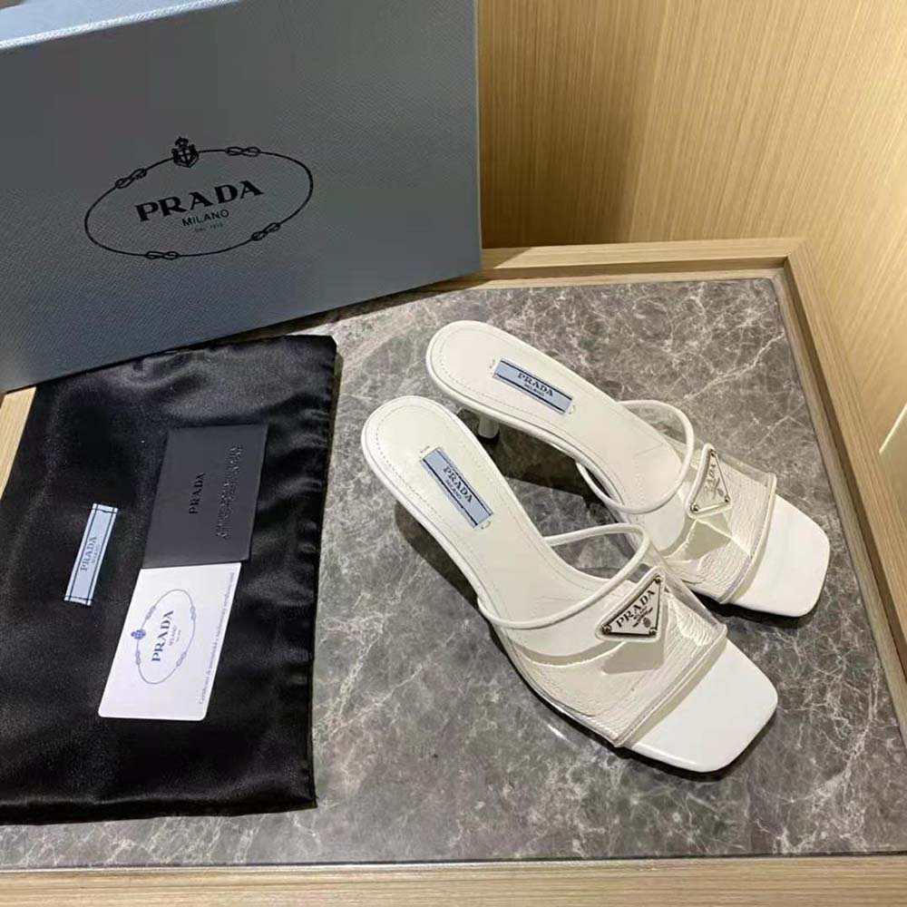 Prada Women Plexiglas and Patent Leather Sandals 65 mm Varnished Heel-White - image 4