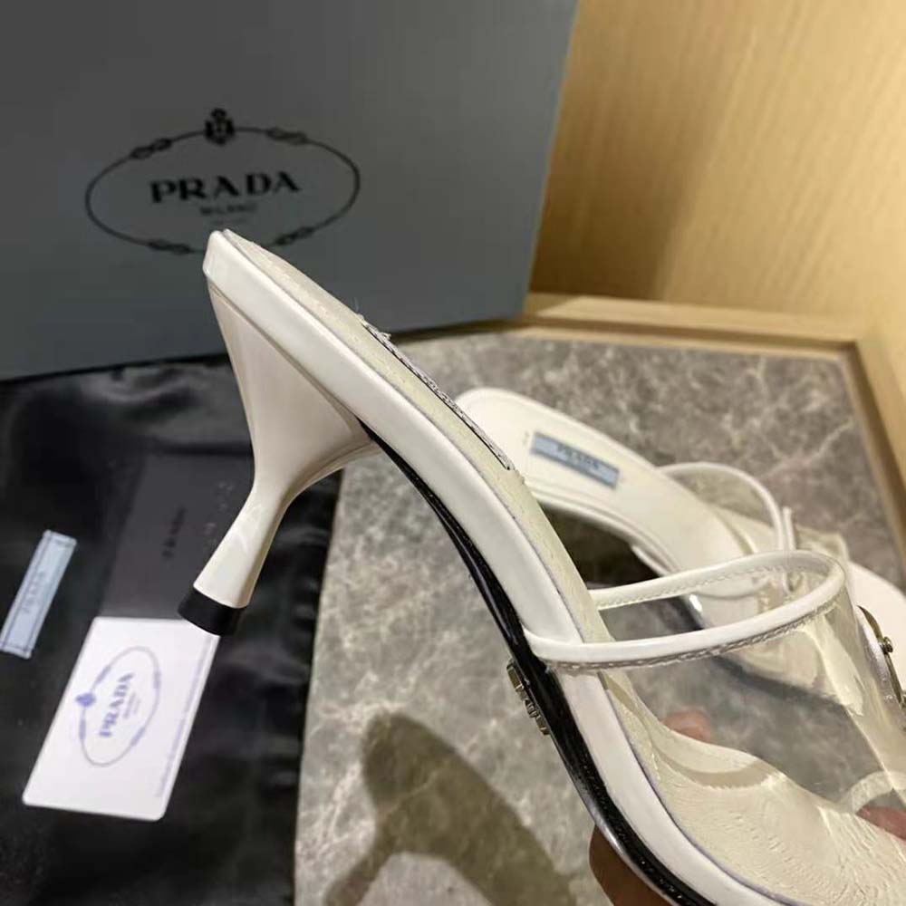 Prada Women Plexiglas and Patent Leather Sandals 65 mm Varnished Heel-White - image 7