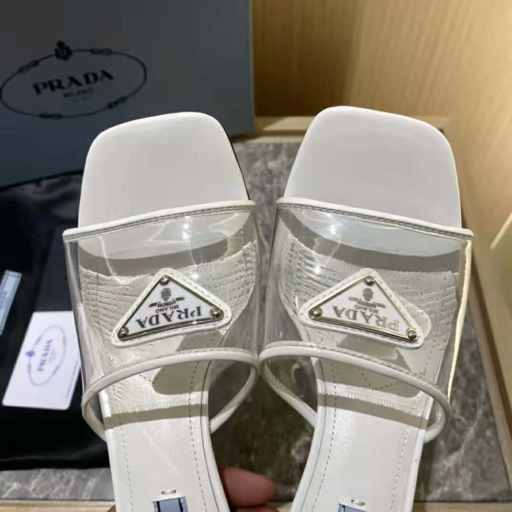 Prada Women Plexiglas and Patent Leather Sandals 65 mm Varnished Heel-White - image 6