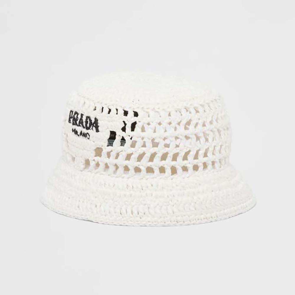 Side view of Prada Women Raffia Bucket Hat-White showing shape