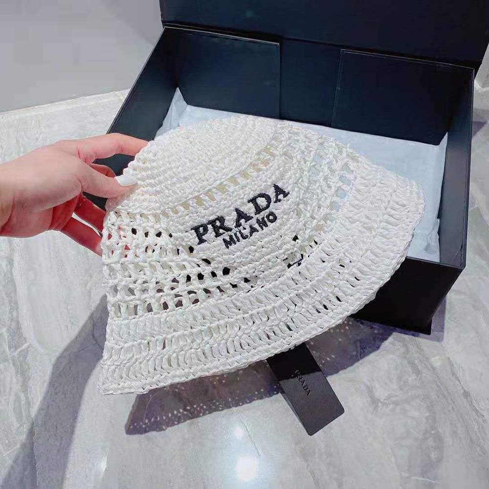 Prada Women Raffia Bucket Hat-White - image 9