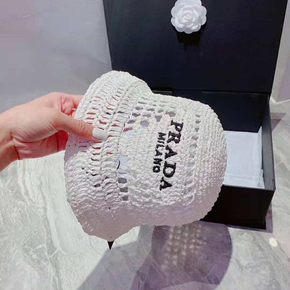 Prada Women Raffia Bucket Hat-White - image 6