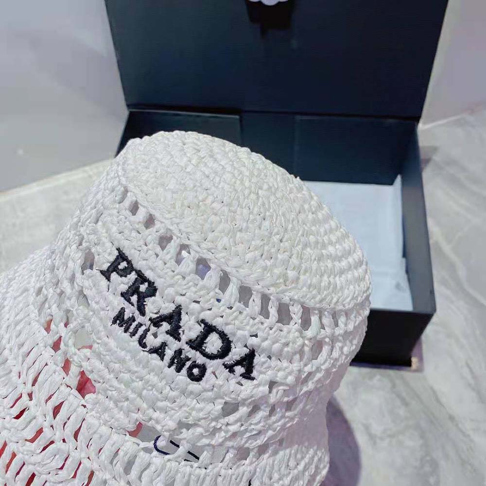 Prada Women Raffia Bucket Hat-White - image 8
