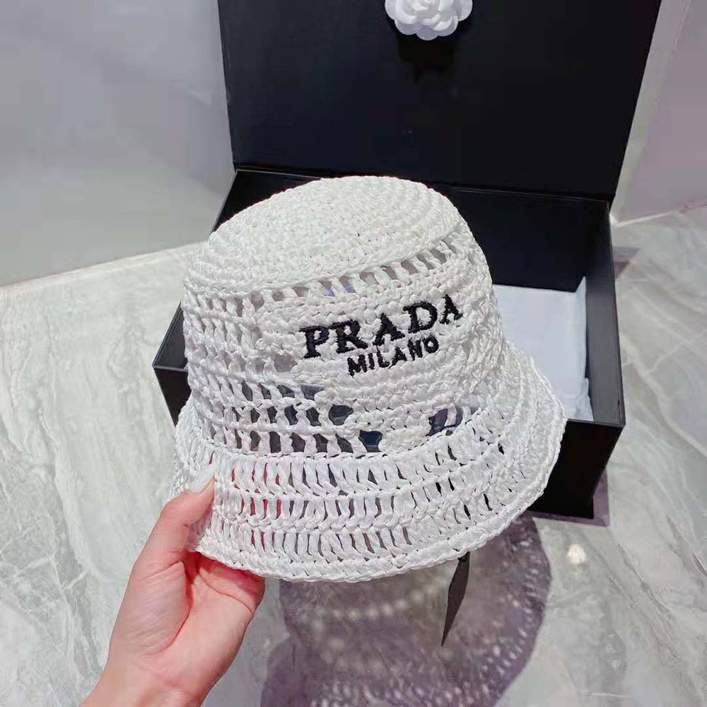 Prada Women Raffia Bucket Hat-White - image 4