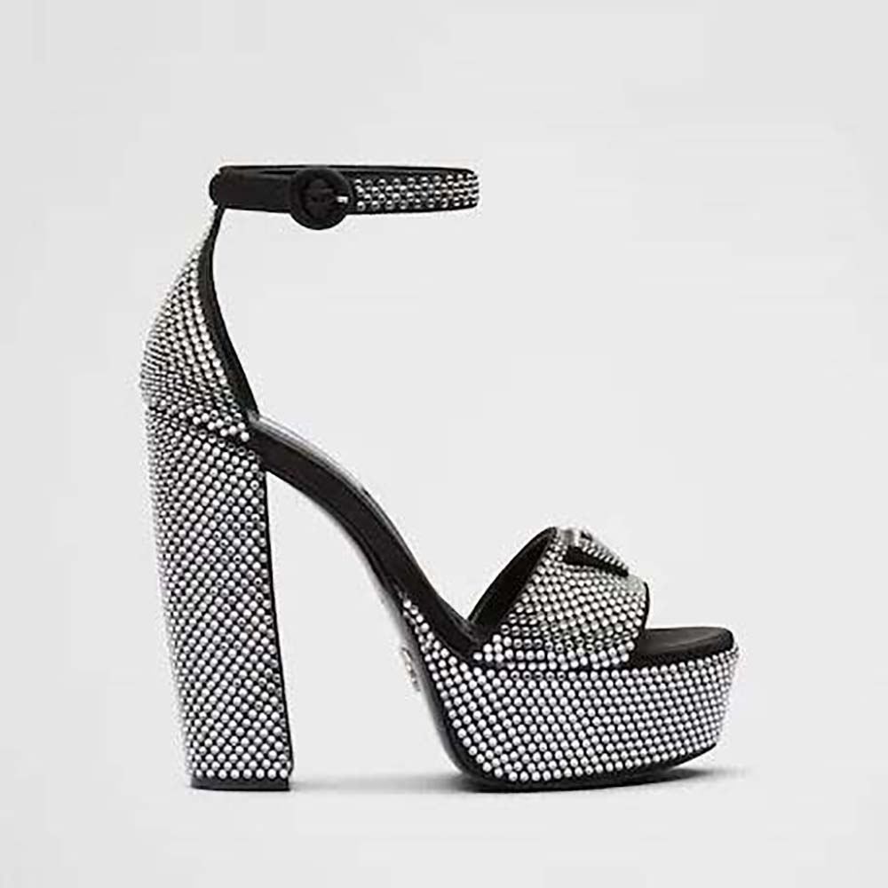 Side view of Prada Women Satin Platform Sandals with Crystals-Black showing heel height