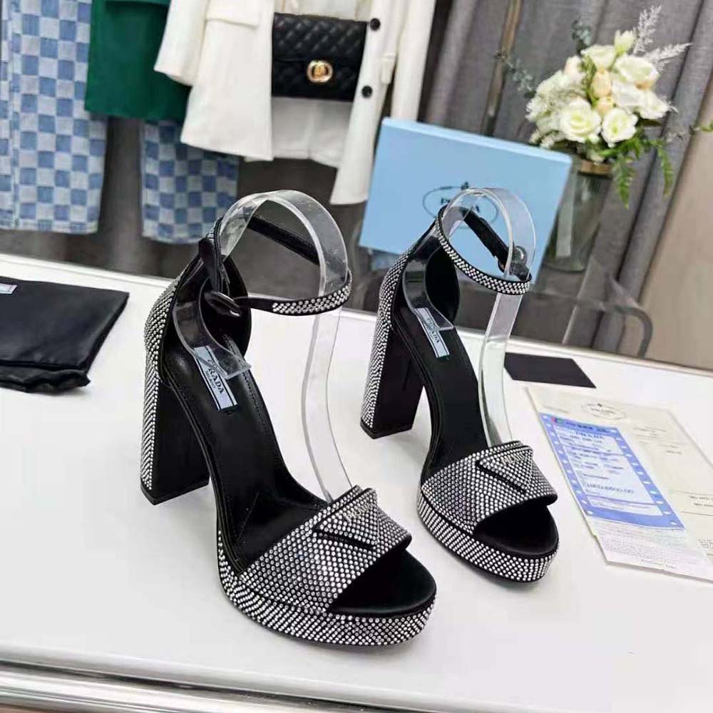 Close-up of crystal-embellished straps on Prada Women Satin Platform Sandals with Crystals-Black