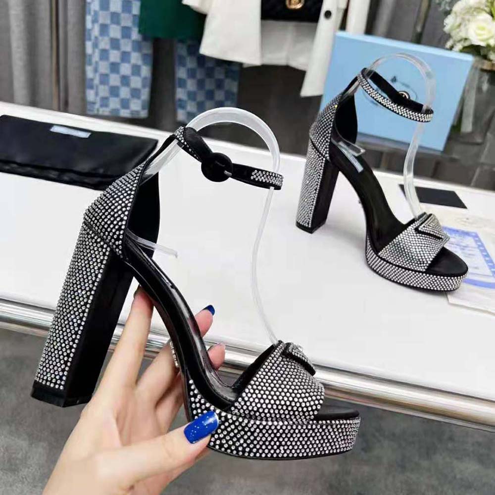 Prada Women Satin Platform Sandals with Crystals-Black - image 5