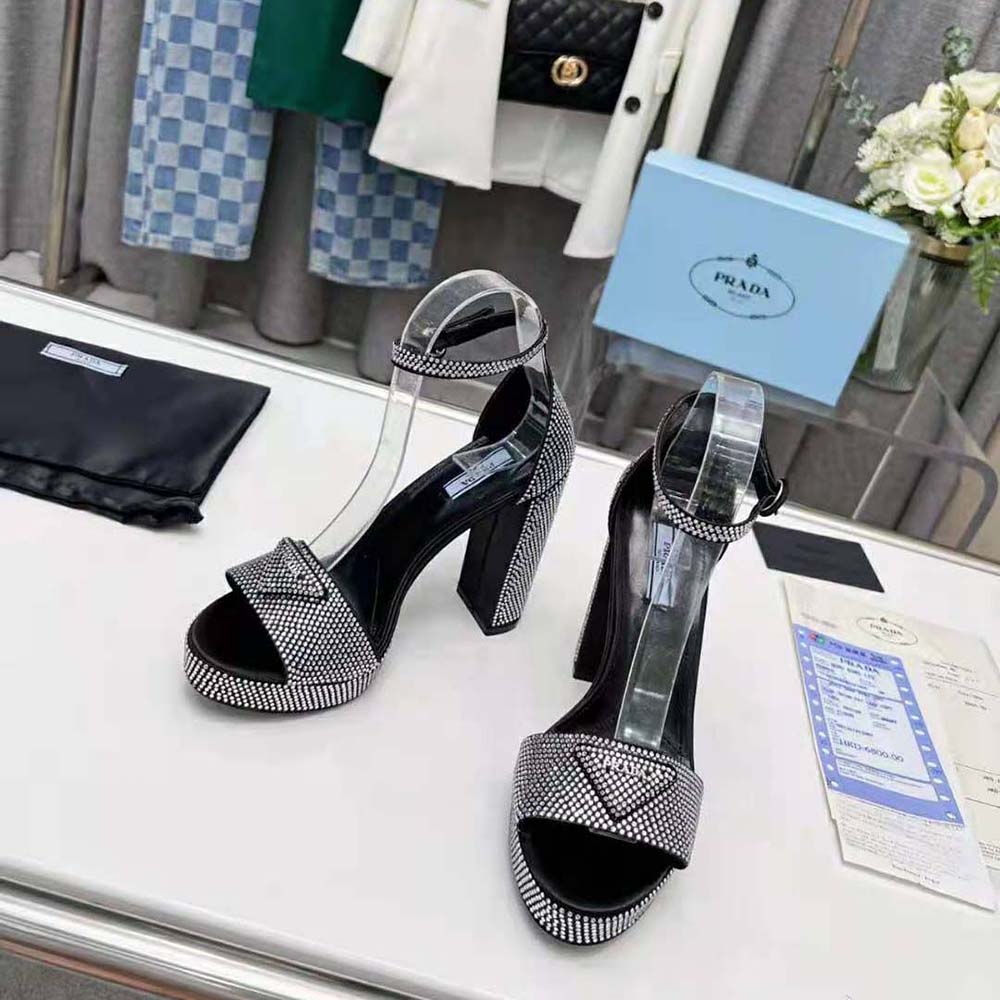 Prada Women Satin Platform Sandals with Crystals-Black - image 4