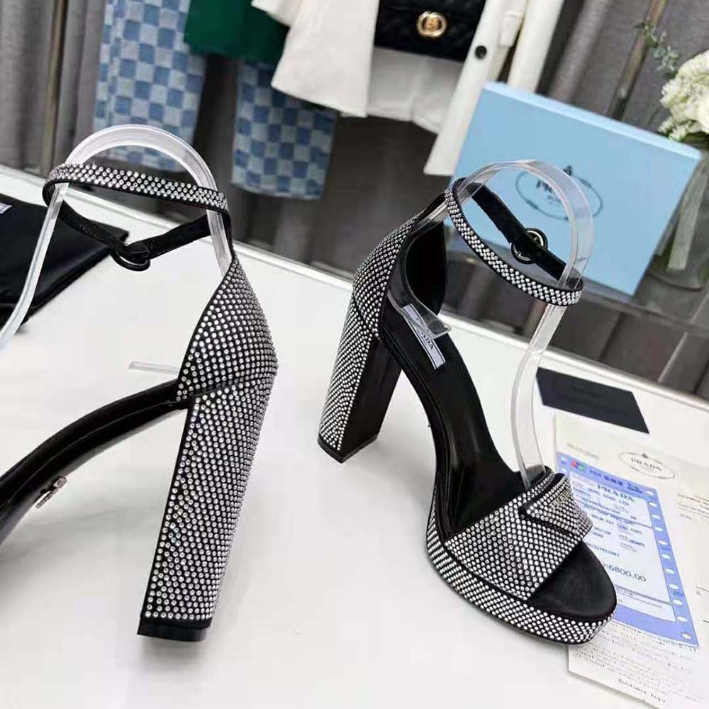 Prada Women Satin Platform Sandals with Crystals-Black - image 9