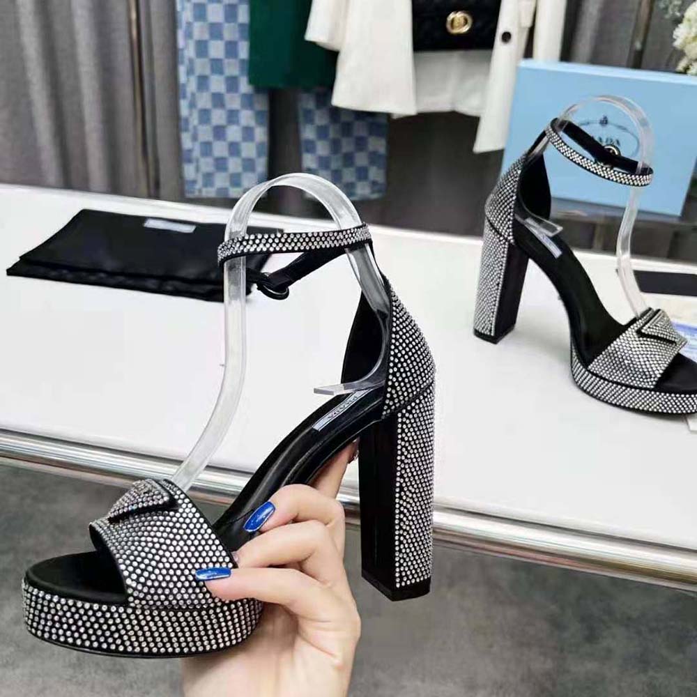 Prada Women Satin Platform Sandals with Crystals-Black - image 6