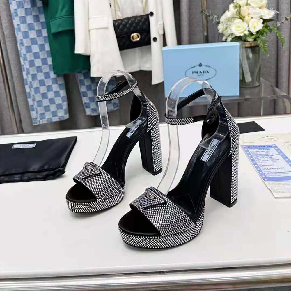 Top-down angle highlighting black satin finish on Prada Women Satin Platform Sandals with Crystals-Black
