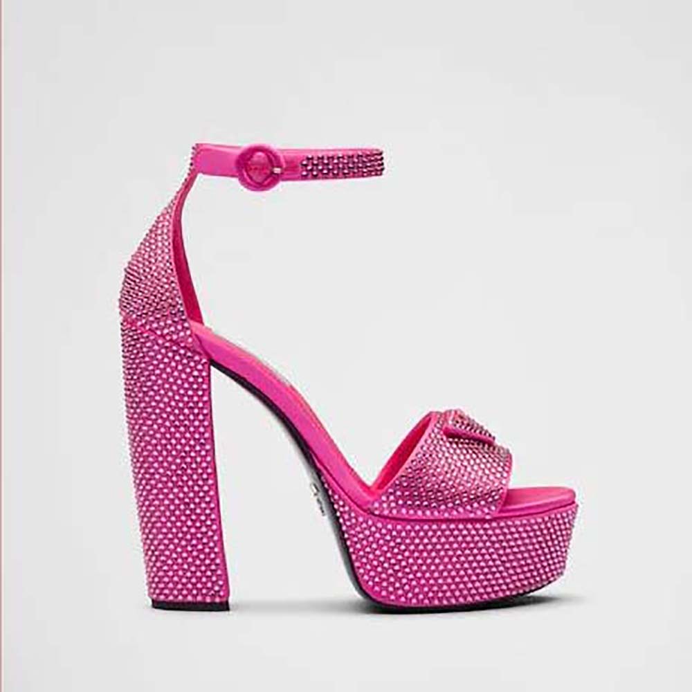 Side view of Prada Women Satin Platform Sandals with Crystals-Pink showing platform height