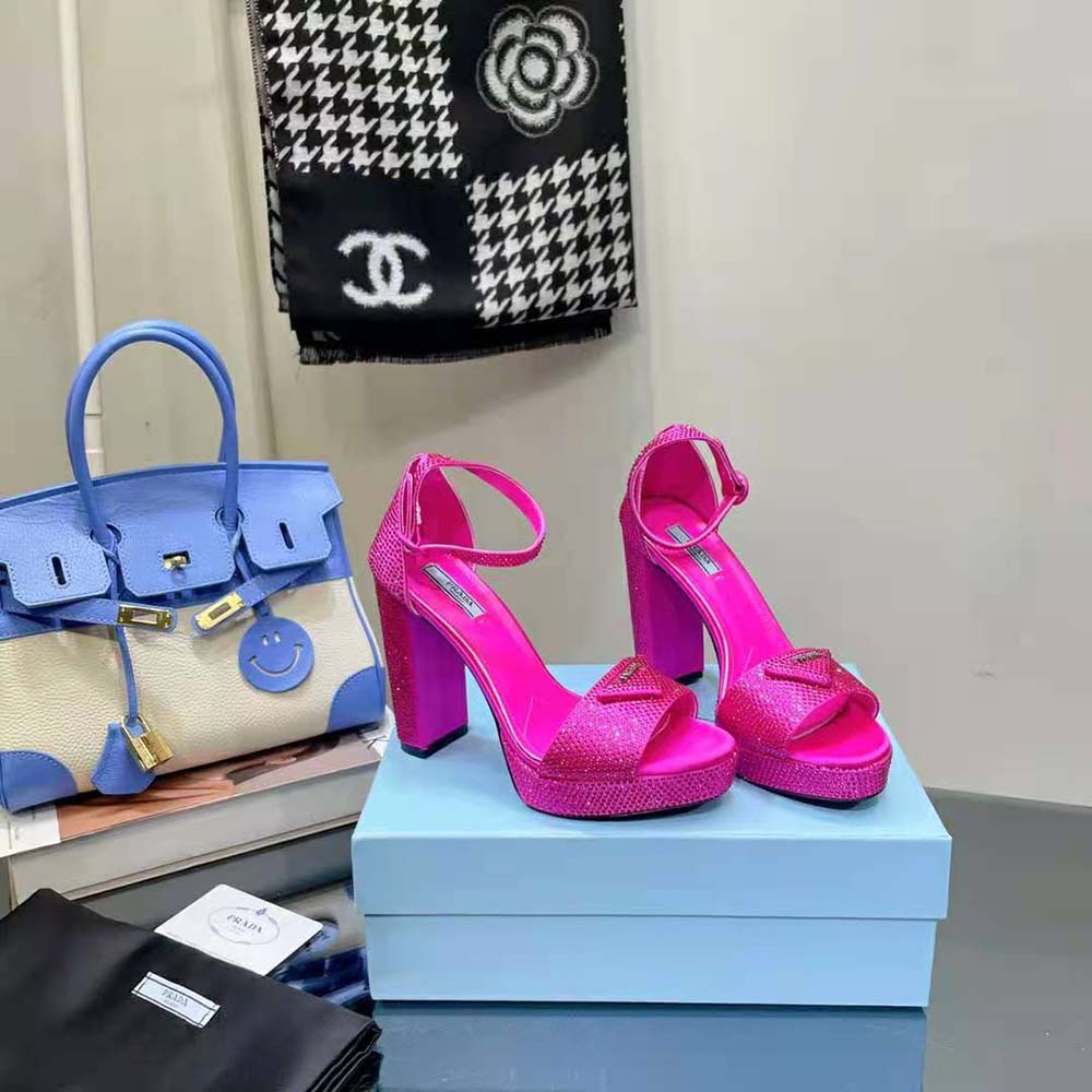 Prada Women Satin Platform Sandals with Crystals-Pink - image 4