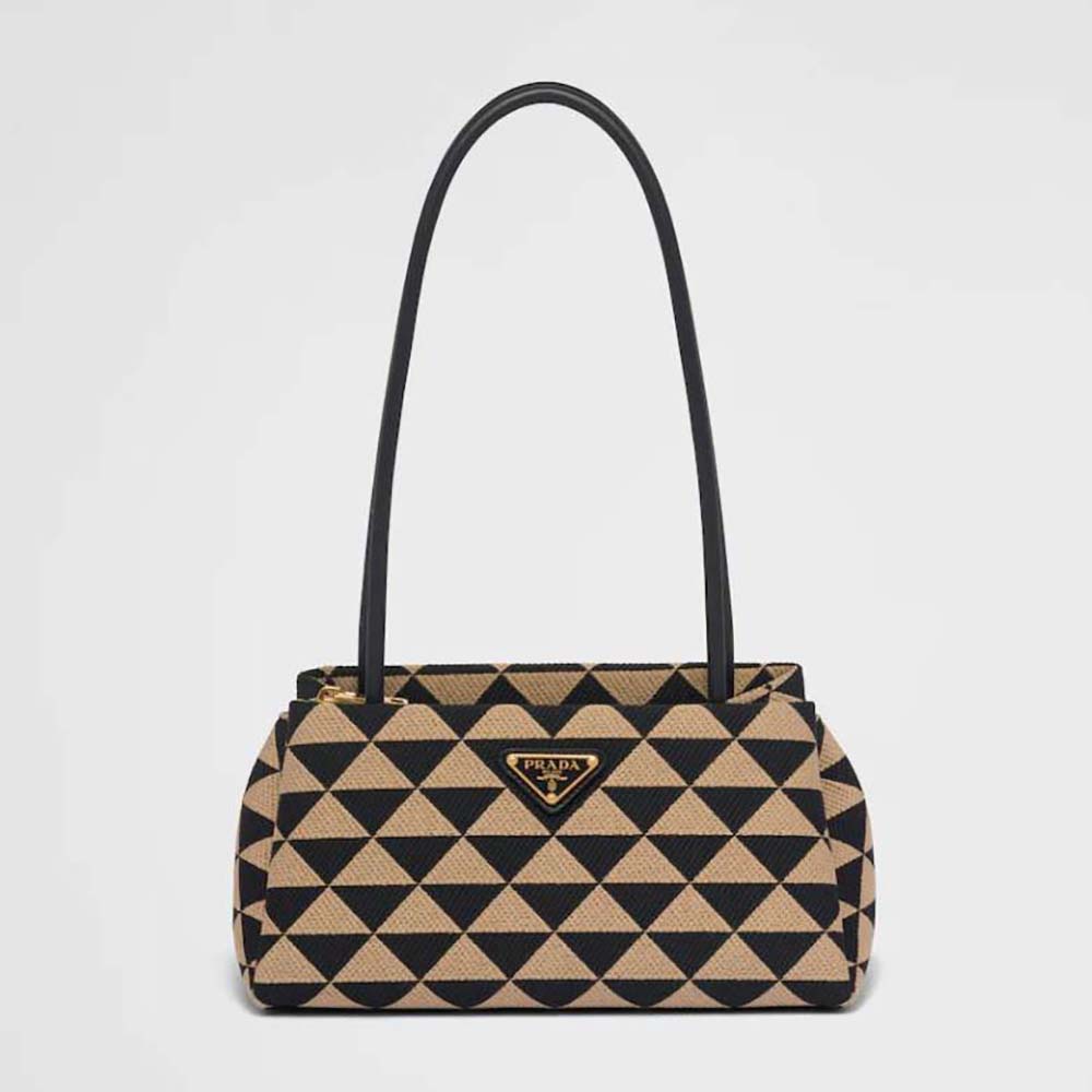 Front view of Prada Women Small Embroidered Fabric Bag-Brown with gold hardware