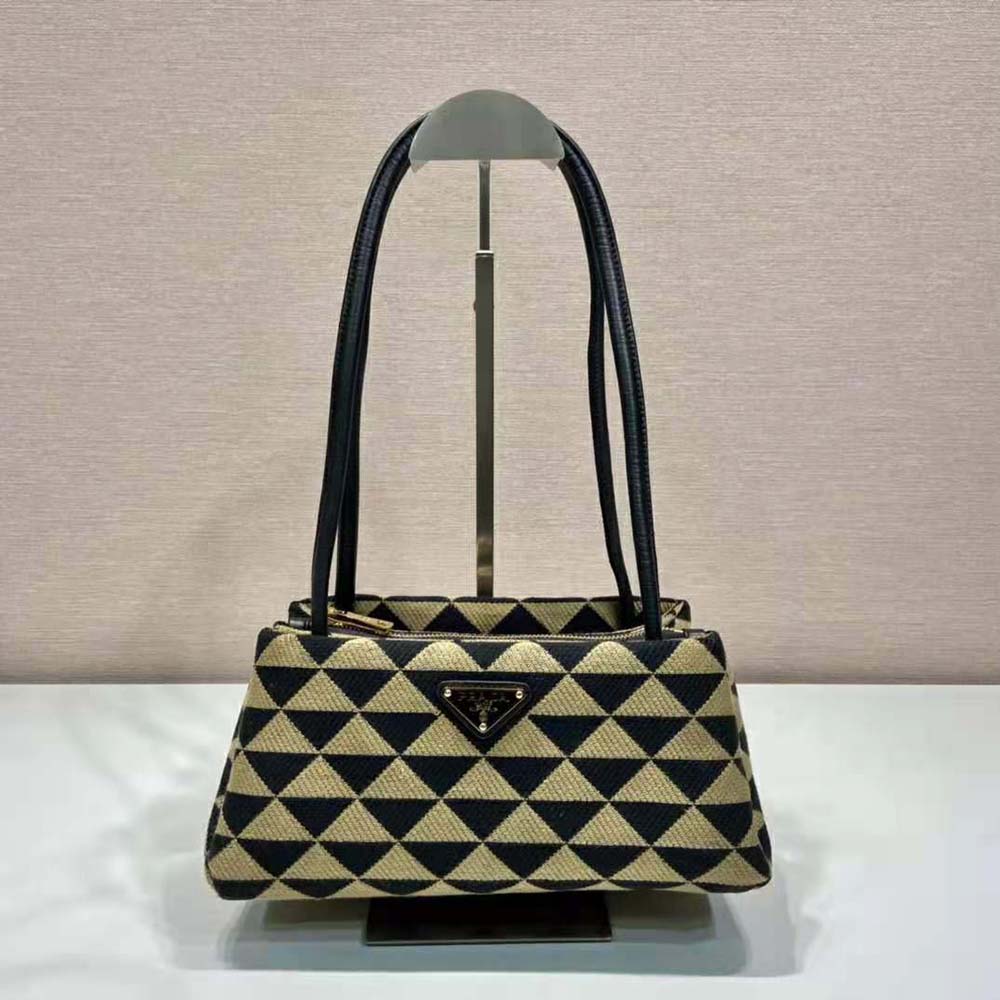 Close-up of embroidery detail on Prada Women Small Embroidered Fabric Bag-Brown