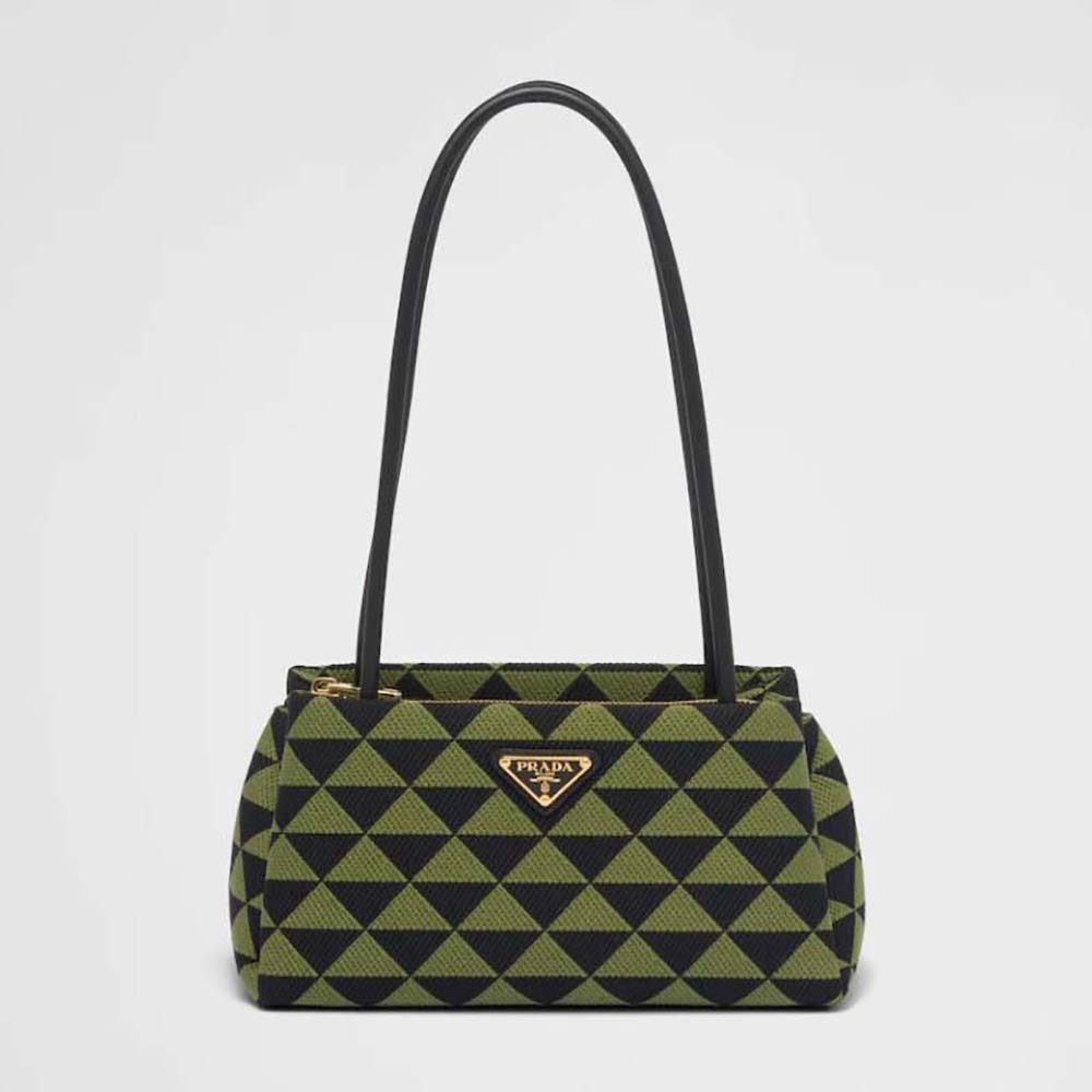 Front view of Prada Women Small Embroidered Fabric Bag-Green with gold hardware