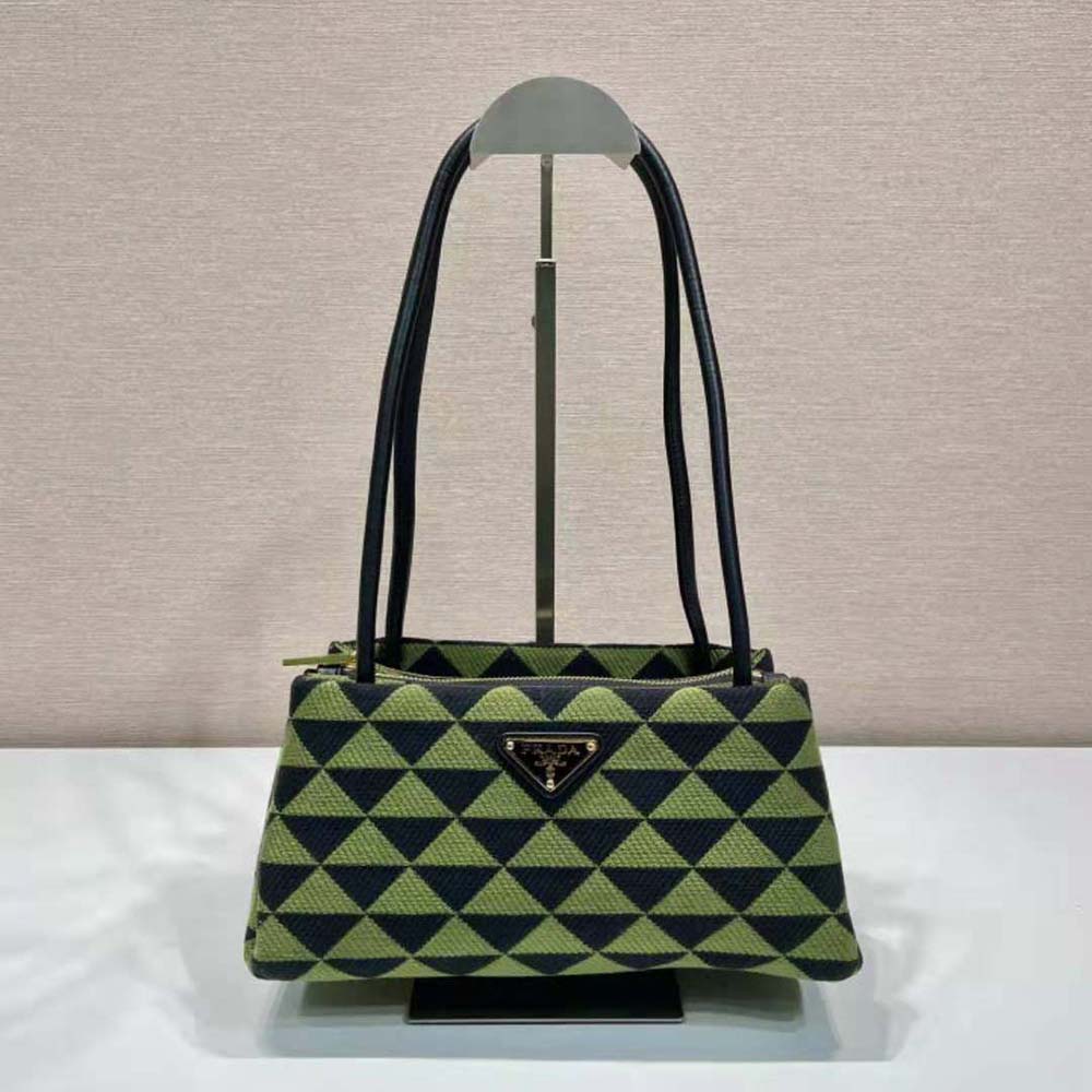 Close-up of green embroidery detail on Prada Women Small Embroidered Fabric Bag-Green