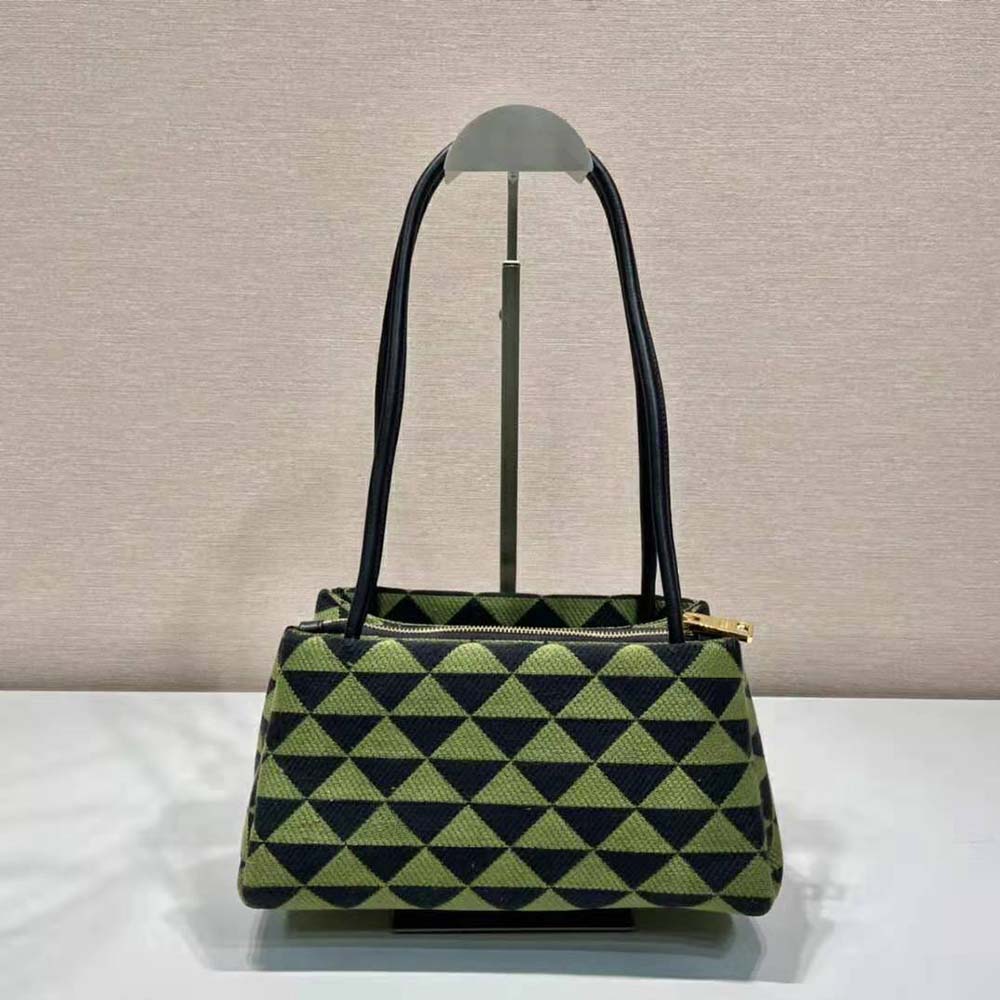 Side profile of Prada Women Small Embroidered Fabric Bag-Green showing strap length