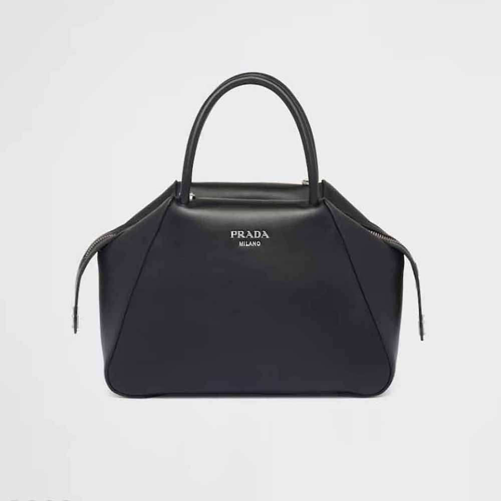 Front view of Prada Women Small Leather Handbag-Black showing logo detail