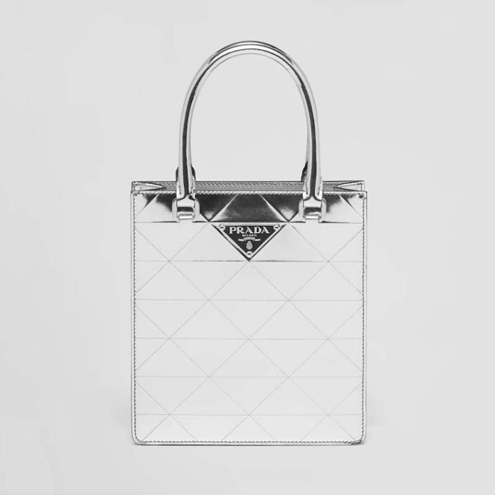 Front view of Prada Women Small Metallic Leather Tote Bag-Silver highlighting logo