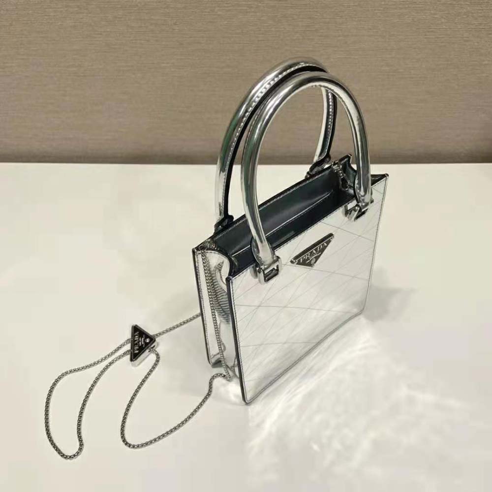 Prada Women Small Metallic Leather Tote Bag-Silver - image 6