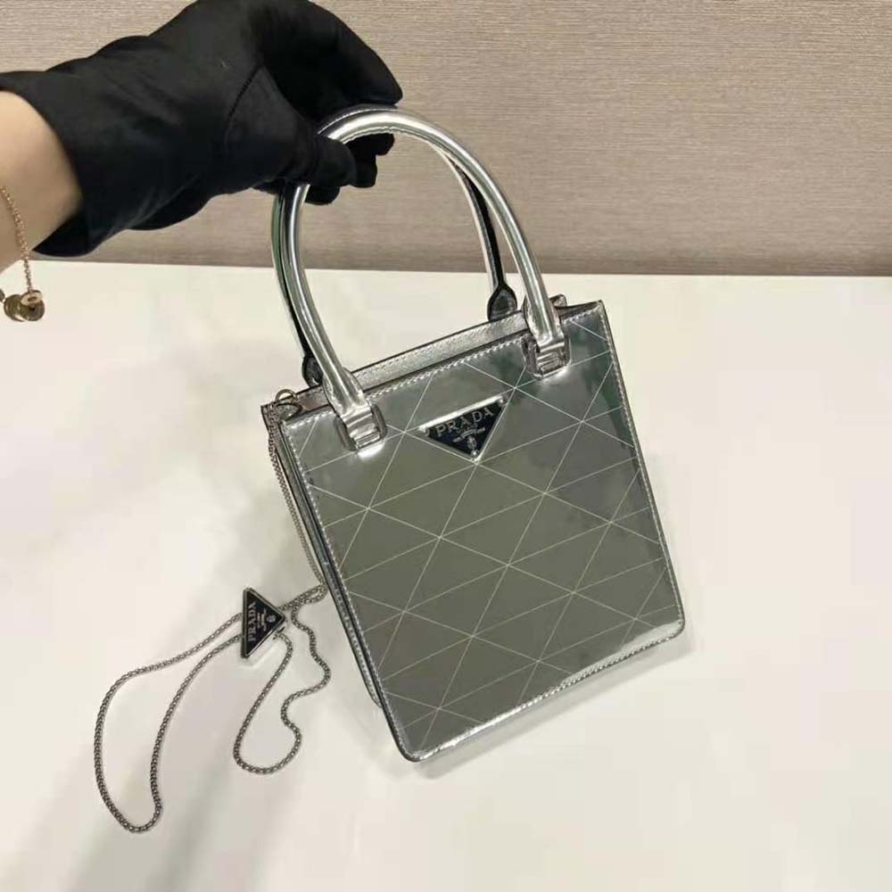 Prada Women Small Metallic Leather Tote Bag-Silver - image 4