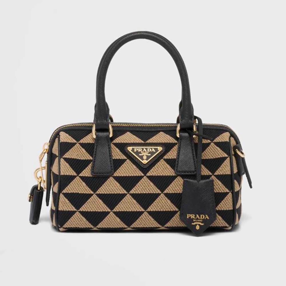 Front view of Prada Women Symbole Embroidered Jacquard Fabric Top-Handle Bag-Black