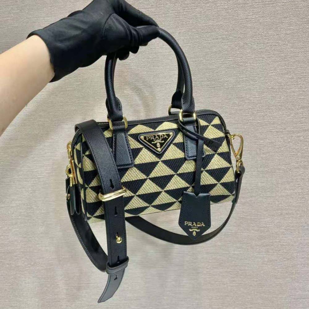 Close-up of jacquard embroidery on Prada Women Symbole Top-Handle Bag black