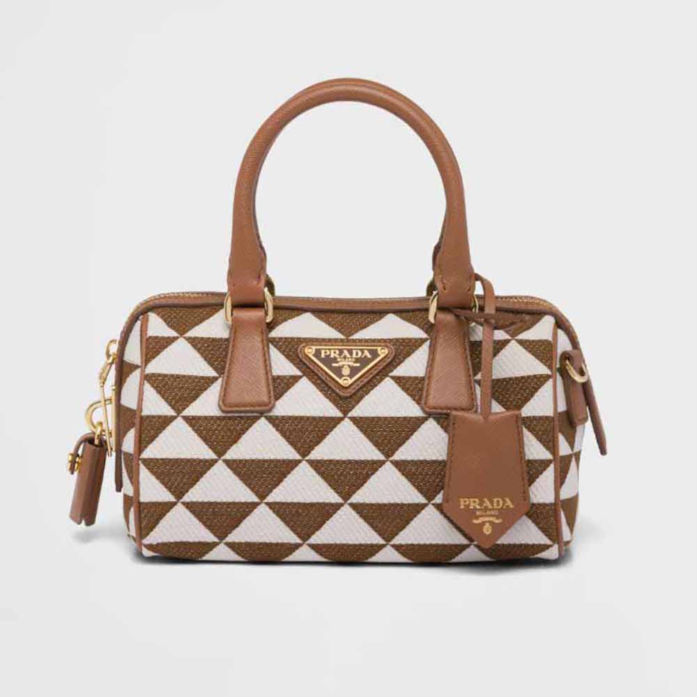 Front view of Prada Women Symbole Embroidered Jacquard Fabric Top-Handle Bag-Brown